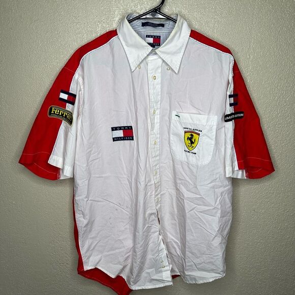 Y2K Tommy Hilfiger Ferrari Flag Logo Racing Shirt Mens Short Sleeve Button Up La - Picture 2 of 7
